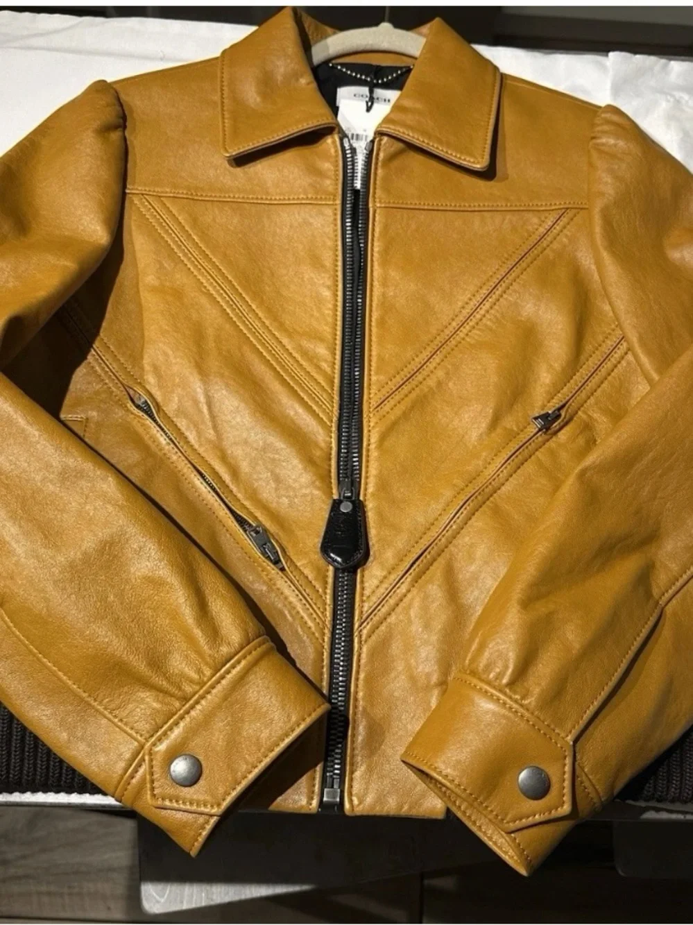 Coach Women's Cognac Leather Bomber Jacket with Dark Rib Hem - Picture 2 of 7